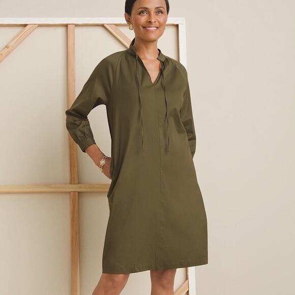 Chicos Short Dress Poplin Shift Amber Olive Green Long Sleeve Pockets Size 0 NWT - Picture 1 of 6